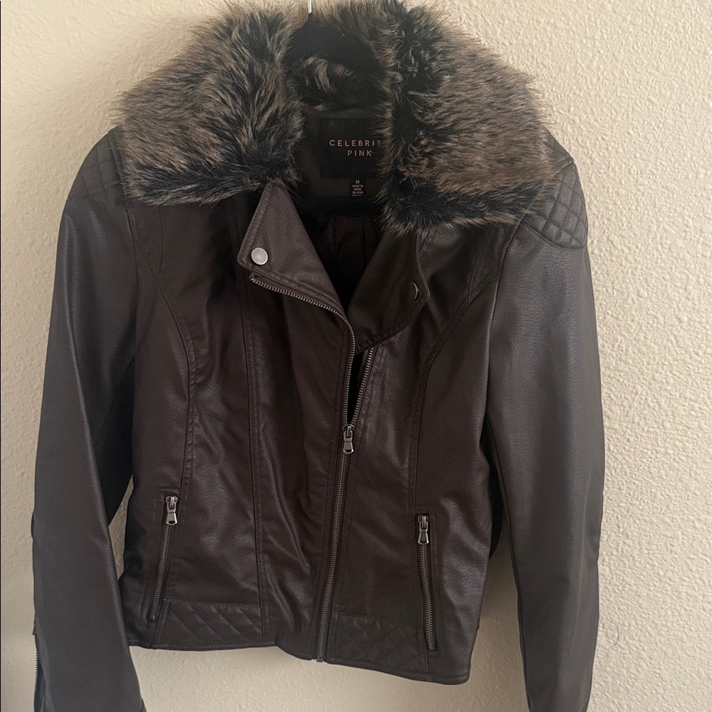 Celebrity Pink Dark Brown Leather Jacket with Faux Fur Collar - Picture 3 of 6